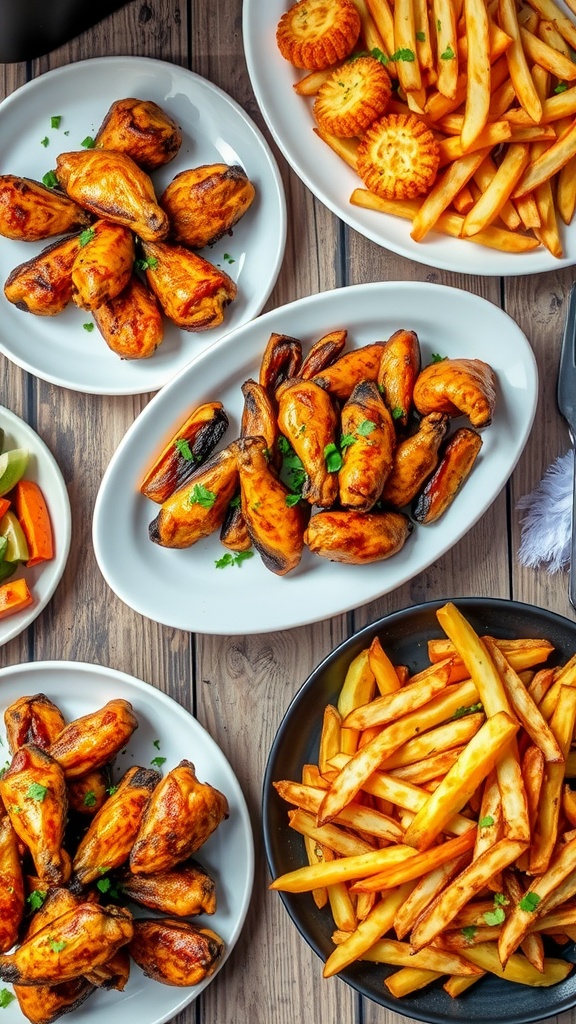 Assorted air fryer dishes including chicken wings, roasted vegetables, and French fries on a rustic table.